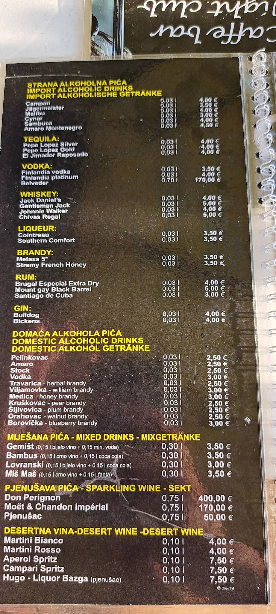 Menu di Onyx Night Club 