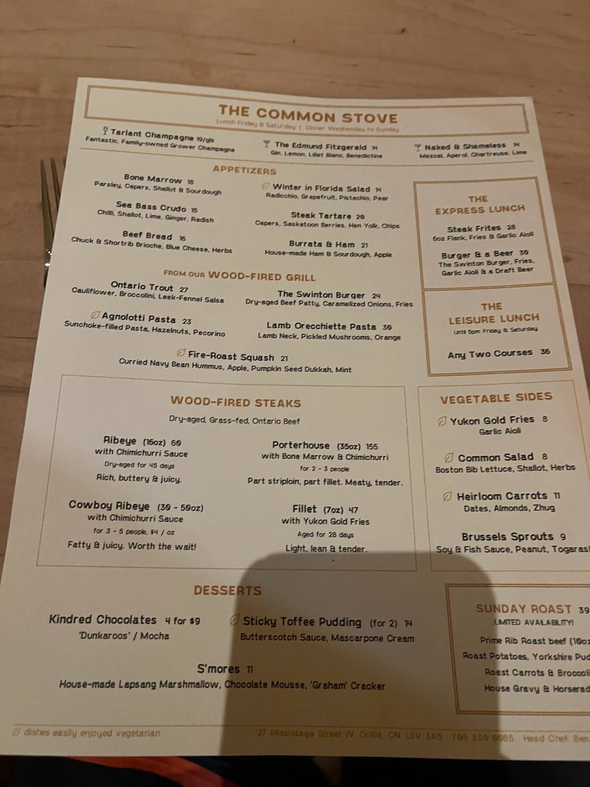 Menu At The Common Stove Steakhouse, Orillia