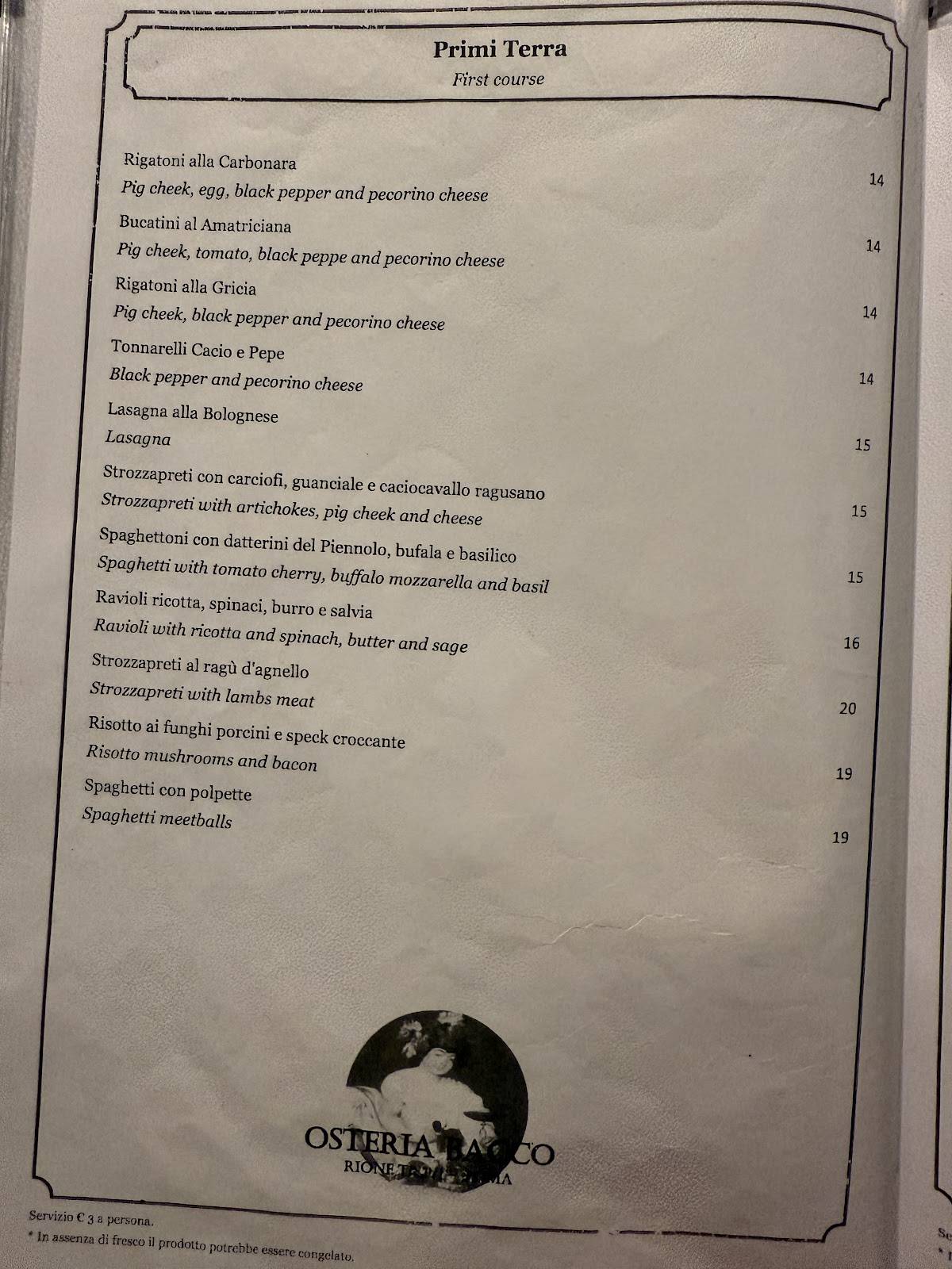 Menu di Osteria Bacco 