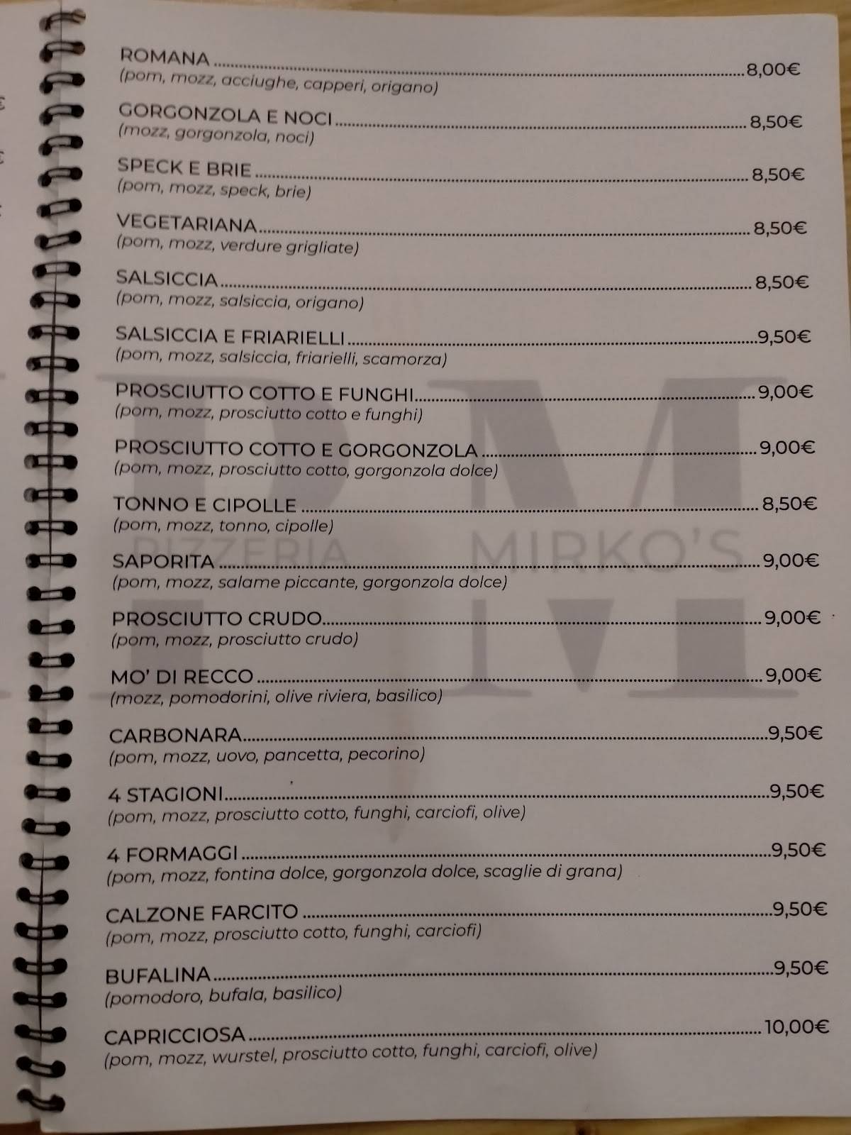 Menu di PIZZERIA MIRKO'S 
