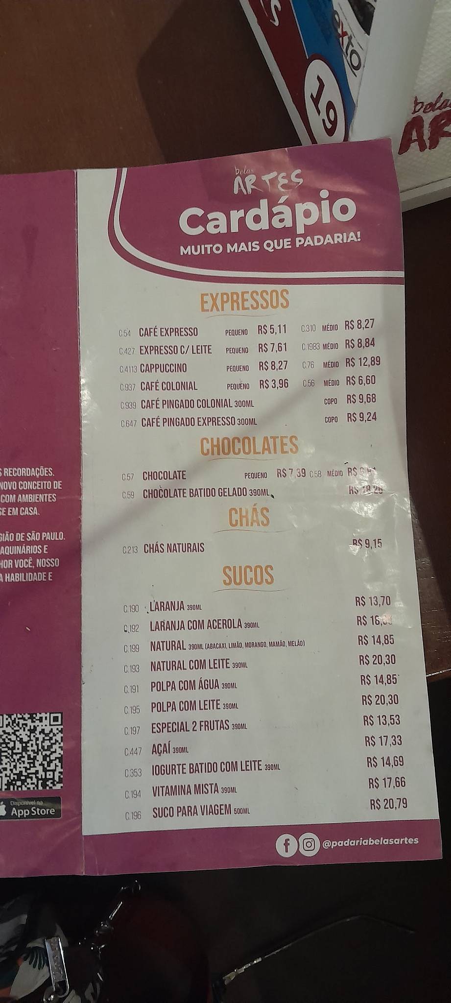 Padaria Belas Artes Embu cardápio