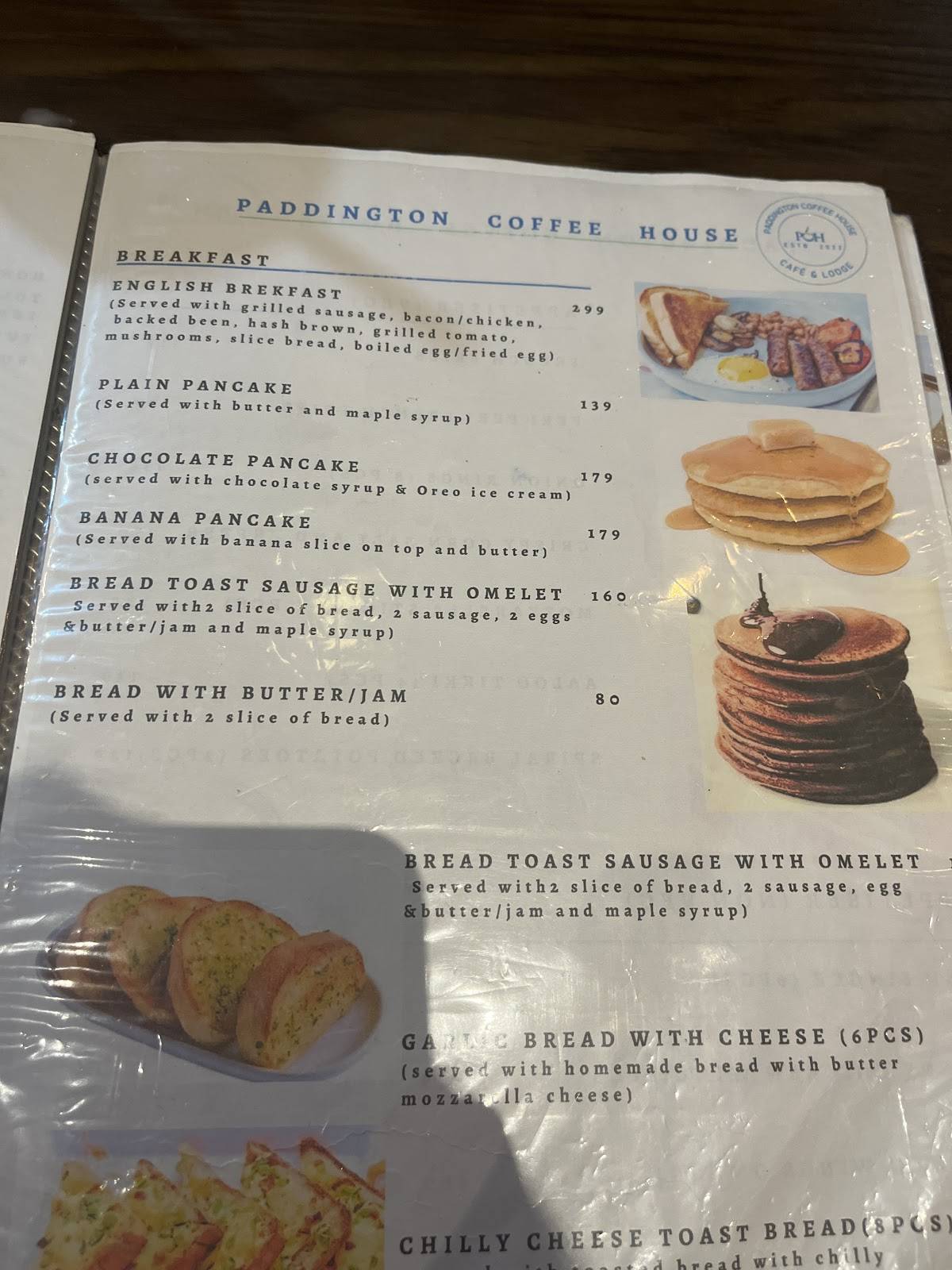 Paddington Coffee House menu