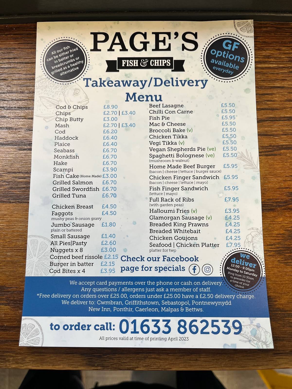 Menu at Page's Fish & Chips fast food, Cwmbran