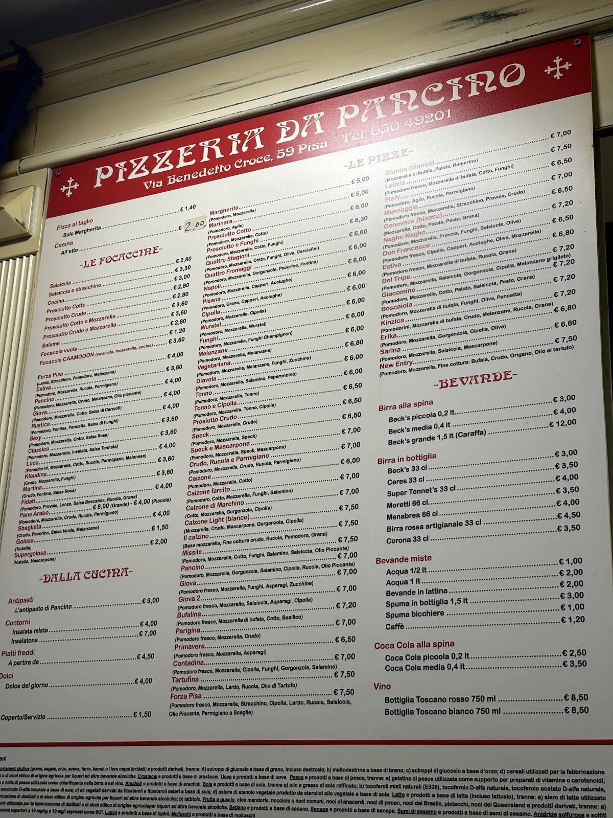Menu di Pancino 