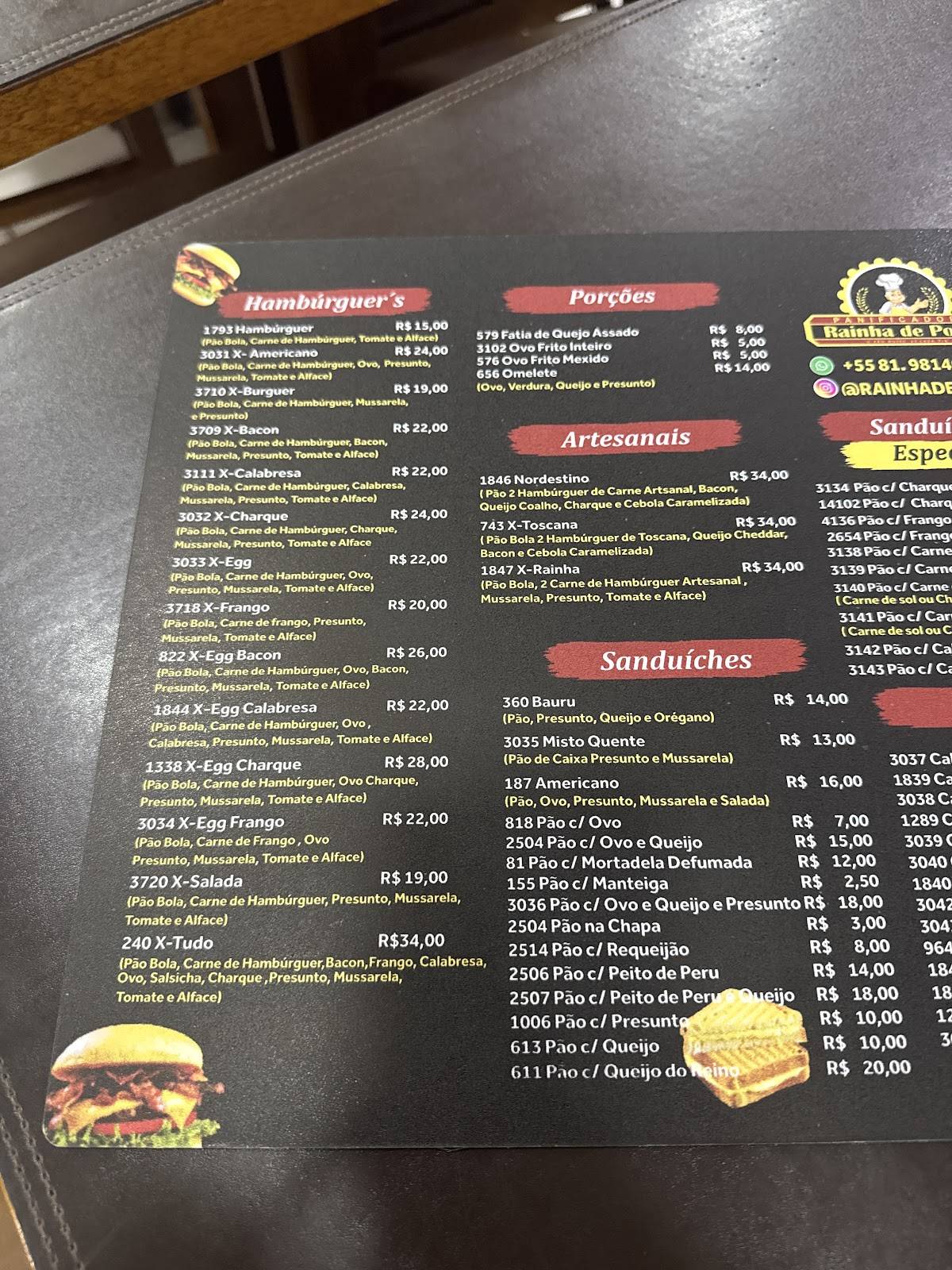 Panificadora Rainha de Porto de galinhas cardápio