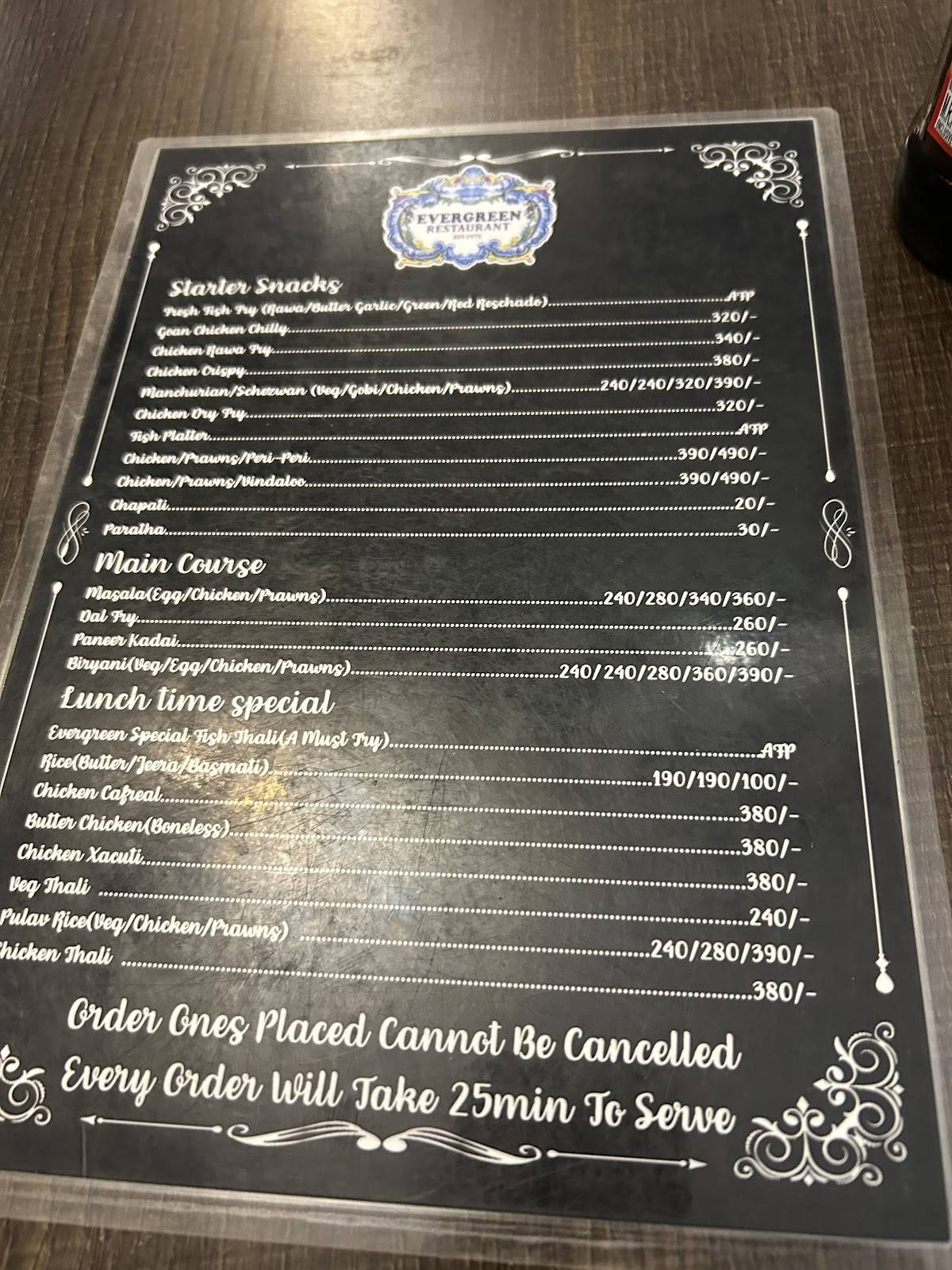Evergreen Restaurant 1975 menu