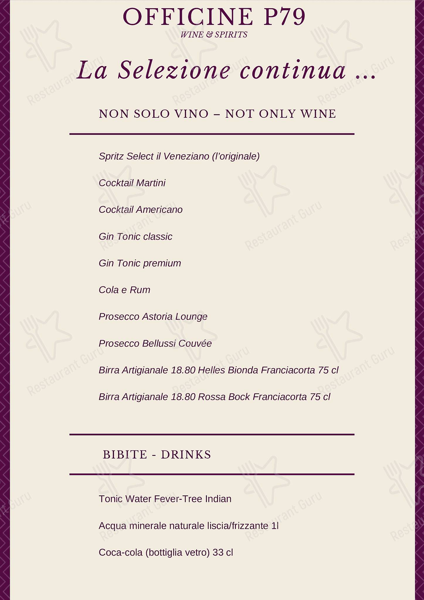Menu di Officine P79 wine&amp;spirits 