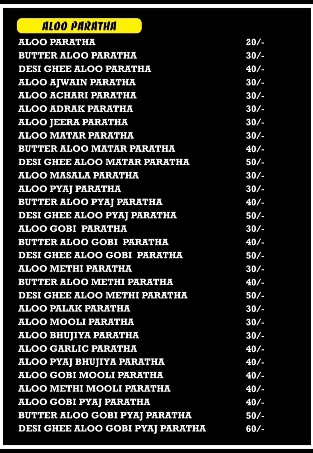 Paratha Junction menu