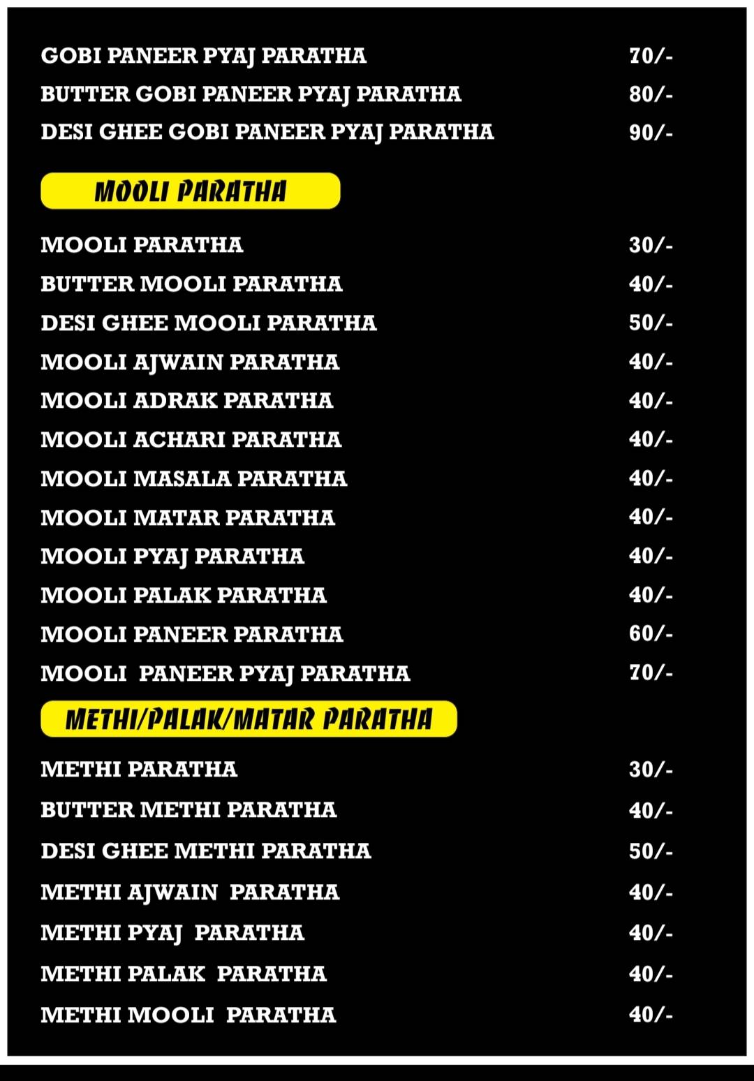 Paratha Junction menu