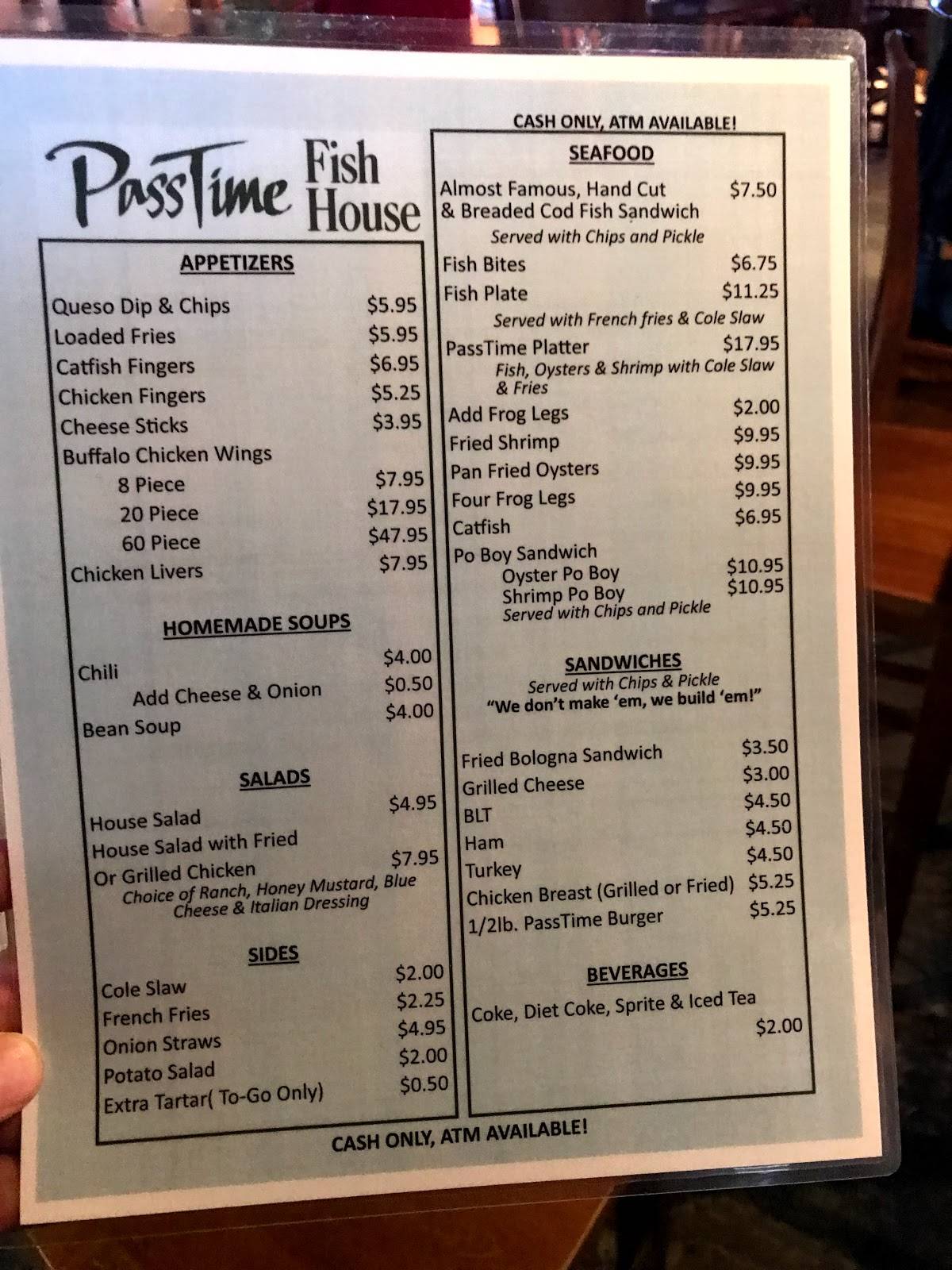 Menu at Passtime Fish House restaurant, Louisville