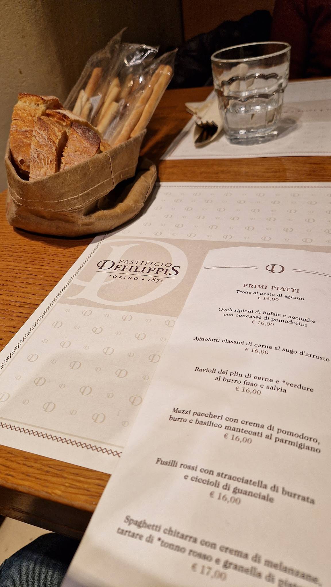 Menu de Pastificio Defilippis