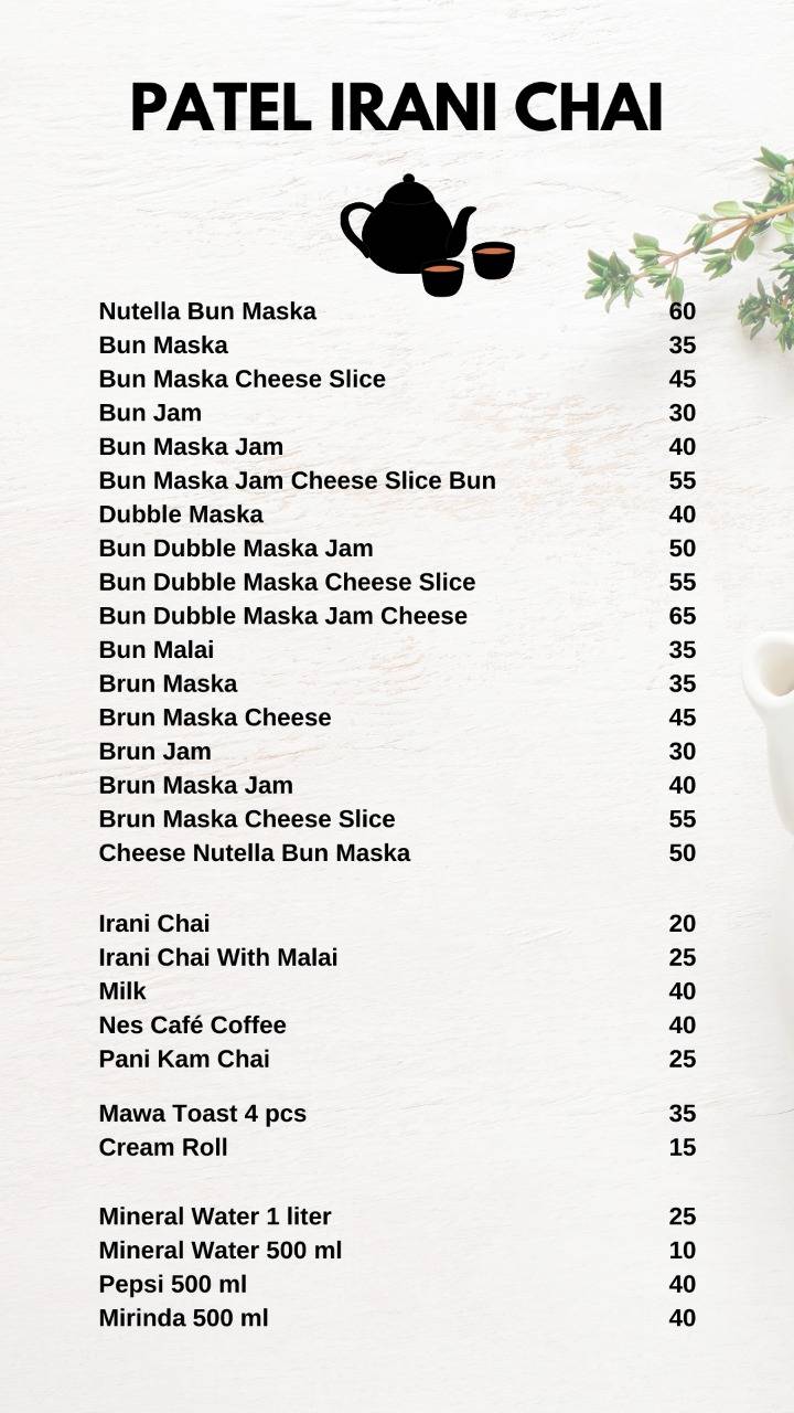 Patel Irani Chai menu