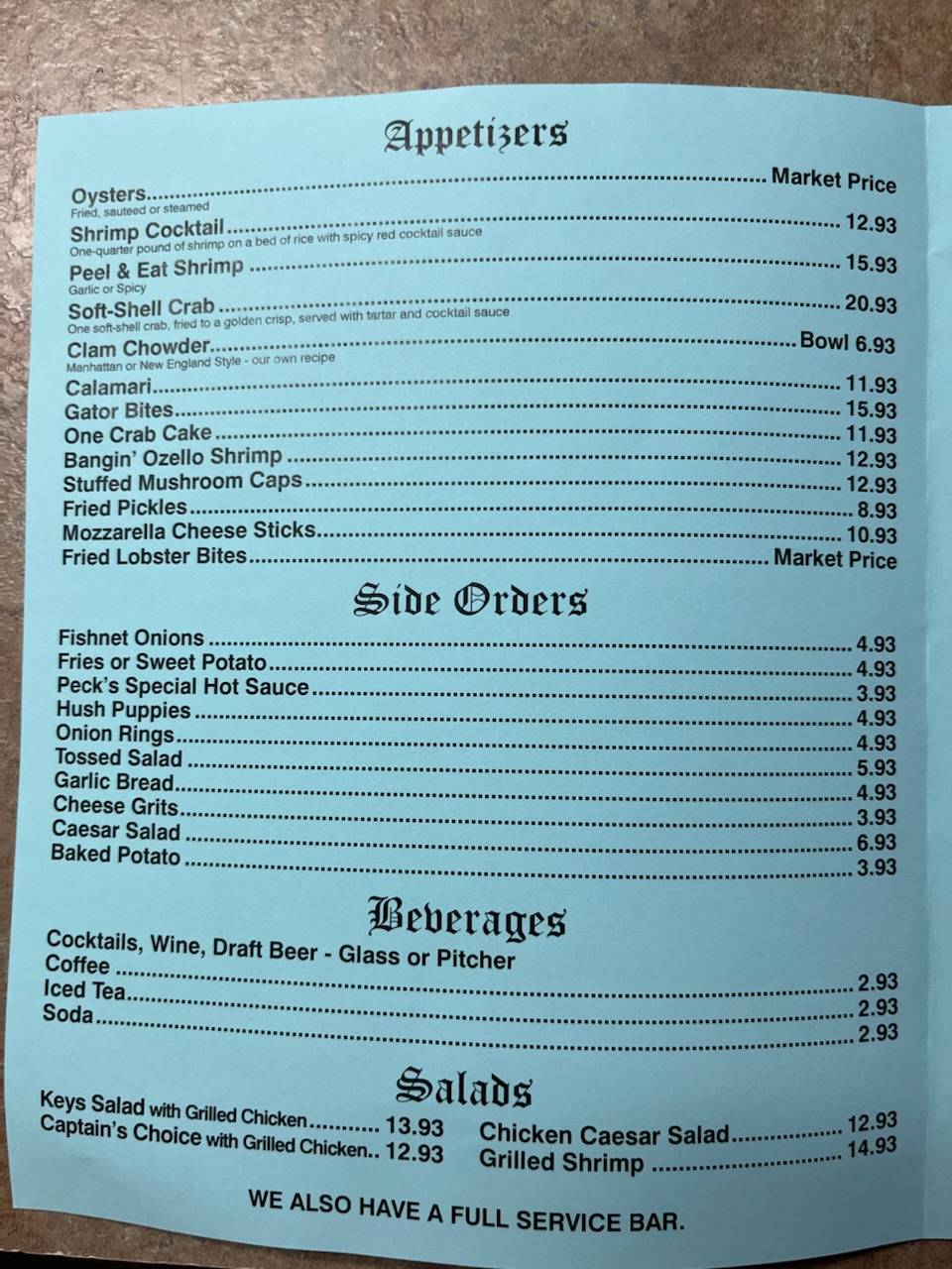 Menu at Peck's Old Port Cove restaurant, Crystal River