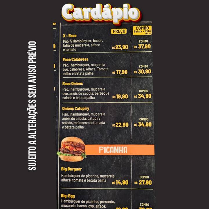 Face Burg Hamburgueria Pedro Leopoldo cardápio