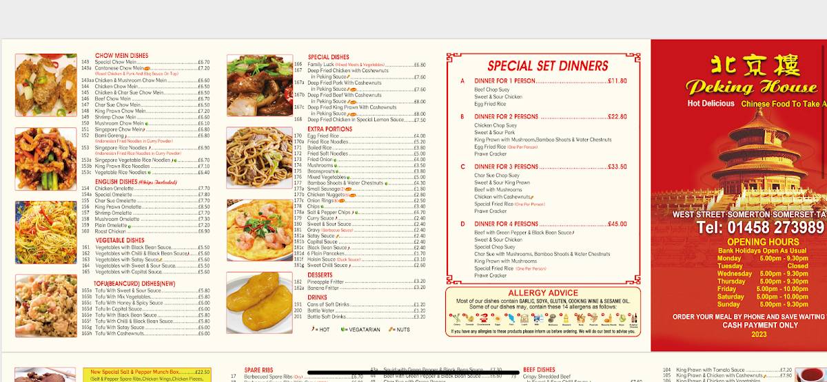 Menu at Peking House fast food, Somerton