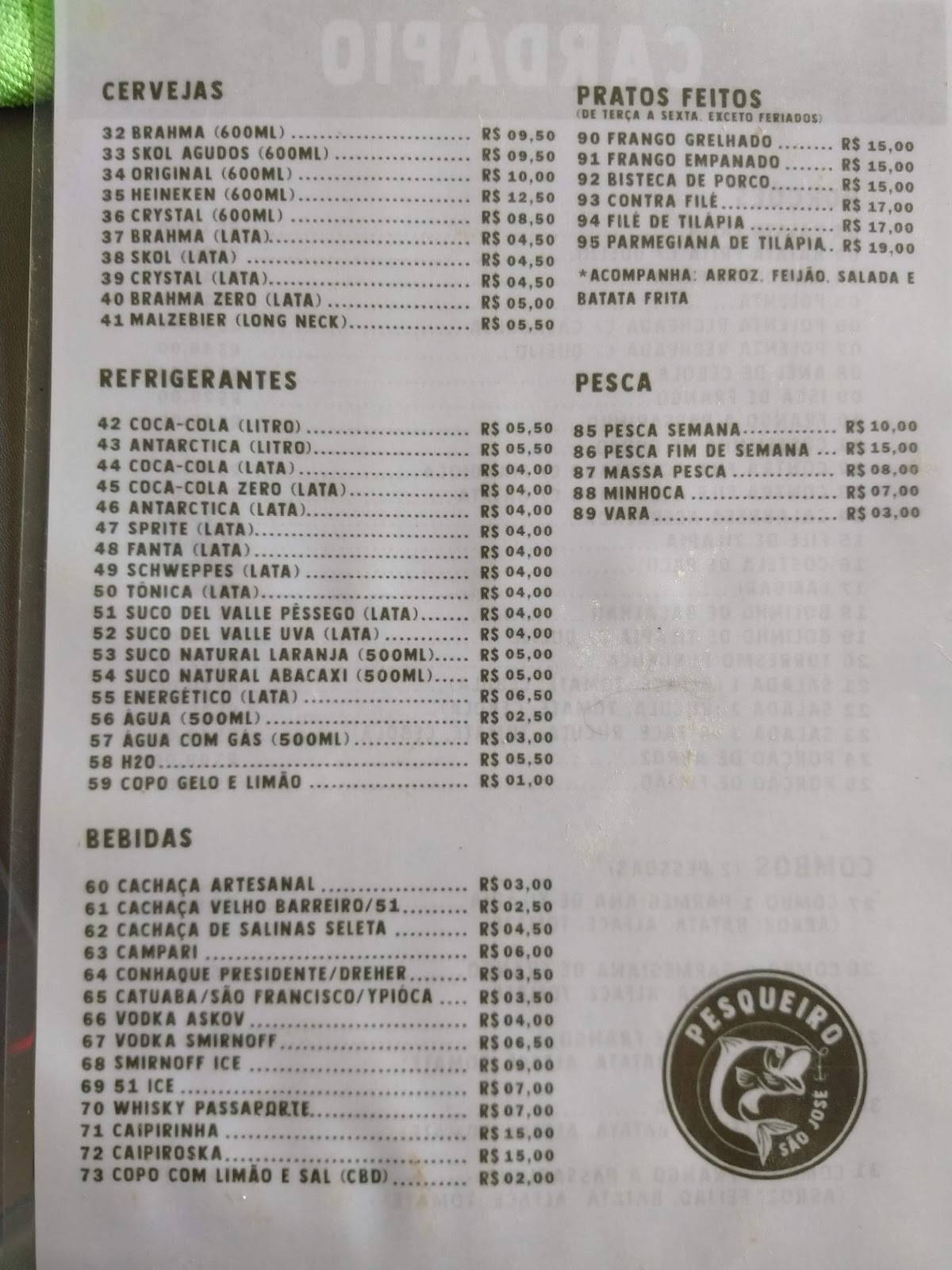 Pesqueiro São José cardápio