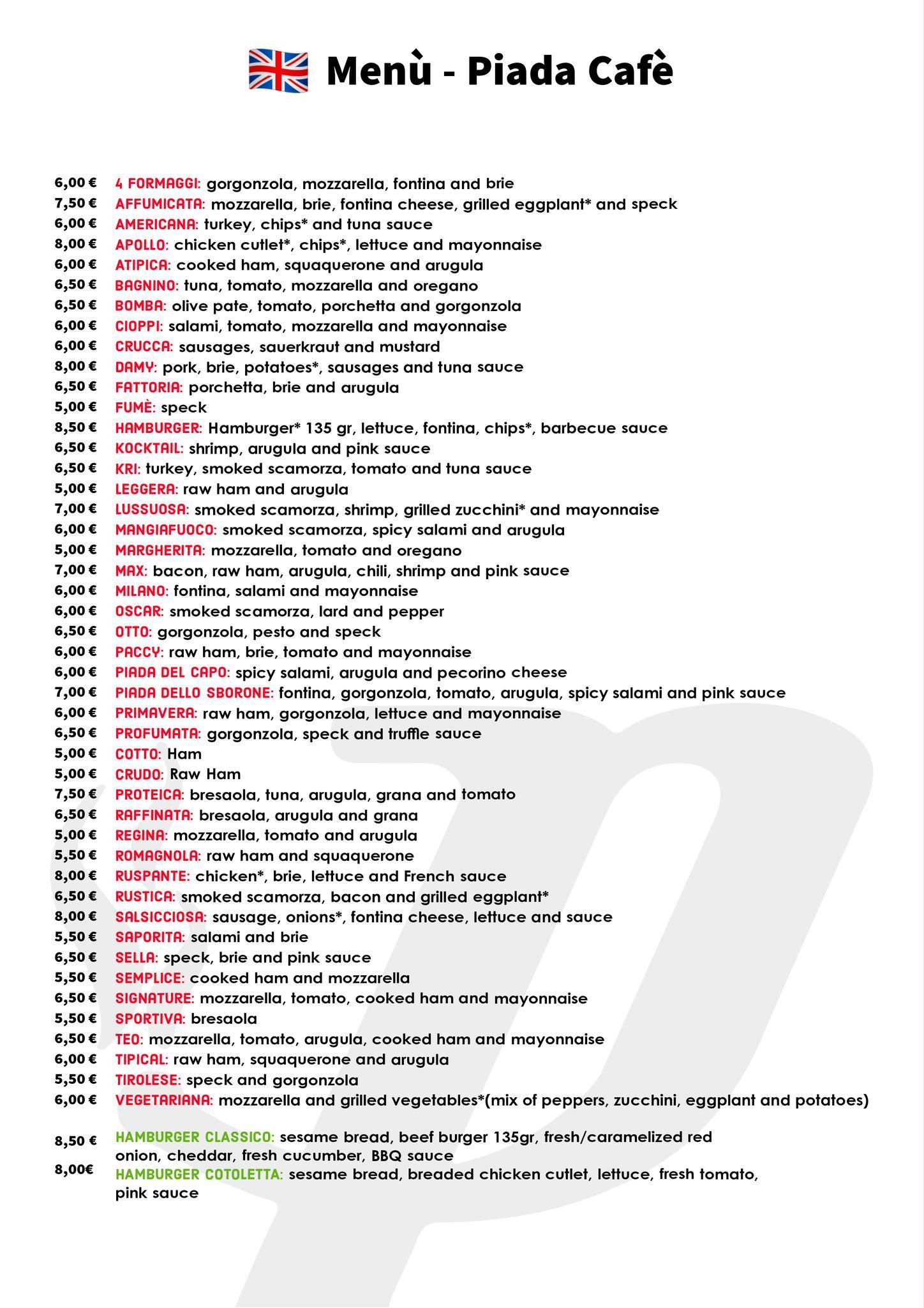 Menu da Piada Cafè ristorante, Verbania