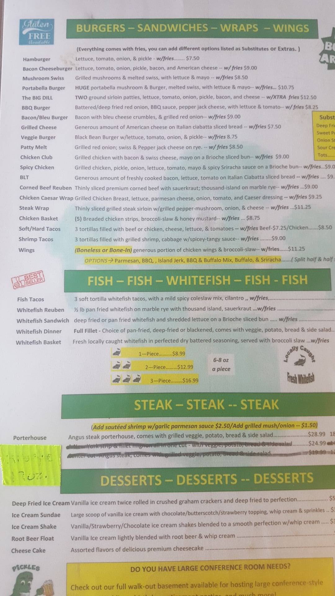 Menu at Pickles pub & bar, Brimley, W Lakeshore Dr