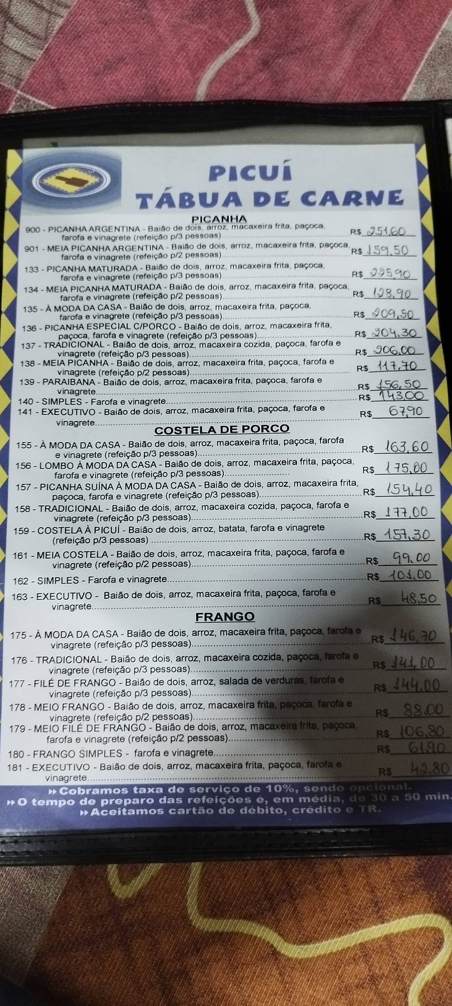 Picuí Tábua de Carne cardápio