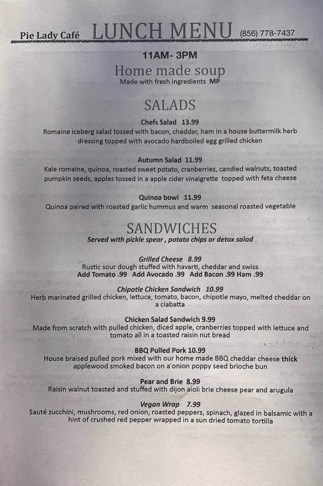 Menu at Pie Lady Cafe, Moorestown