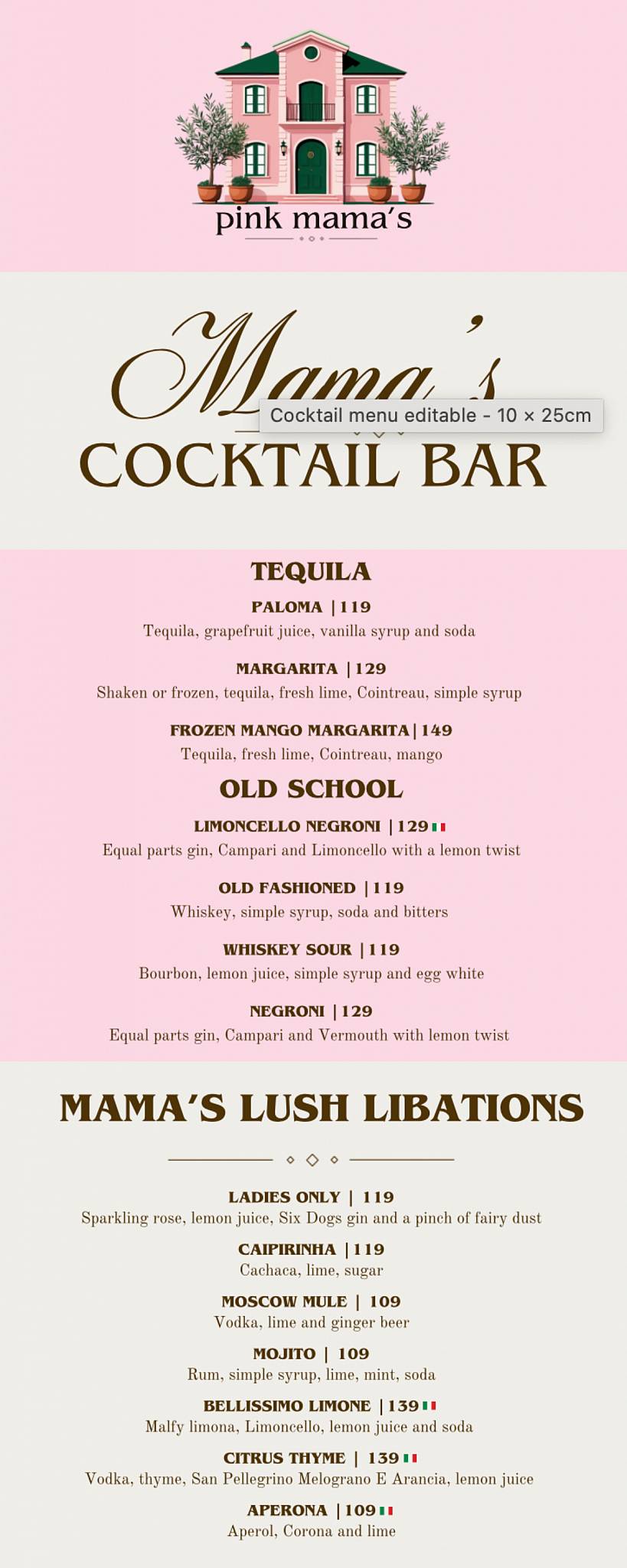 Menu at Pink Mama’s JHB restaurant, Johannesburg