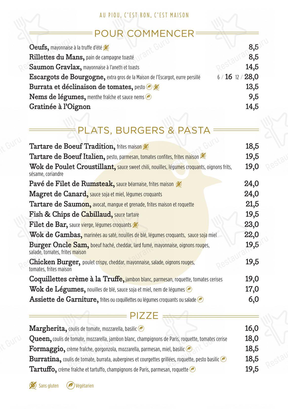 Menu pour Piou café