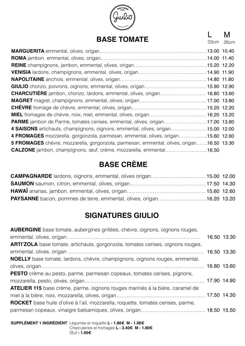 Menu de Pizza Giulio