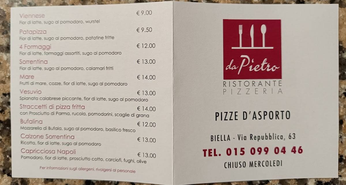 Menu di Pizzeria Ristorante Da Pietro 