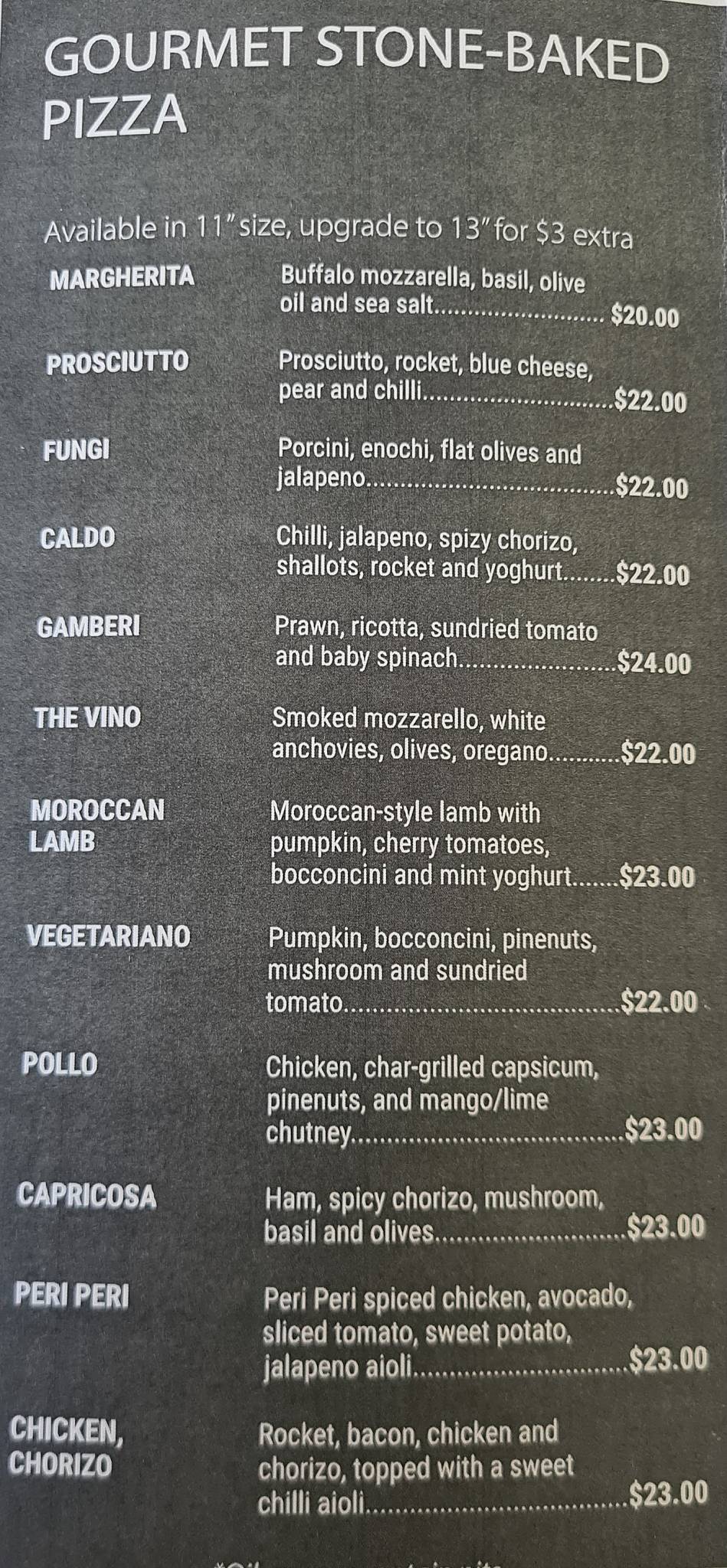 Menu at Pizza Vino restaurant, Coffs Harbour