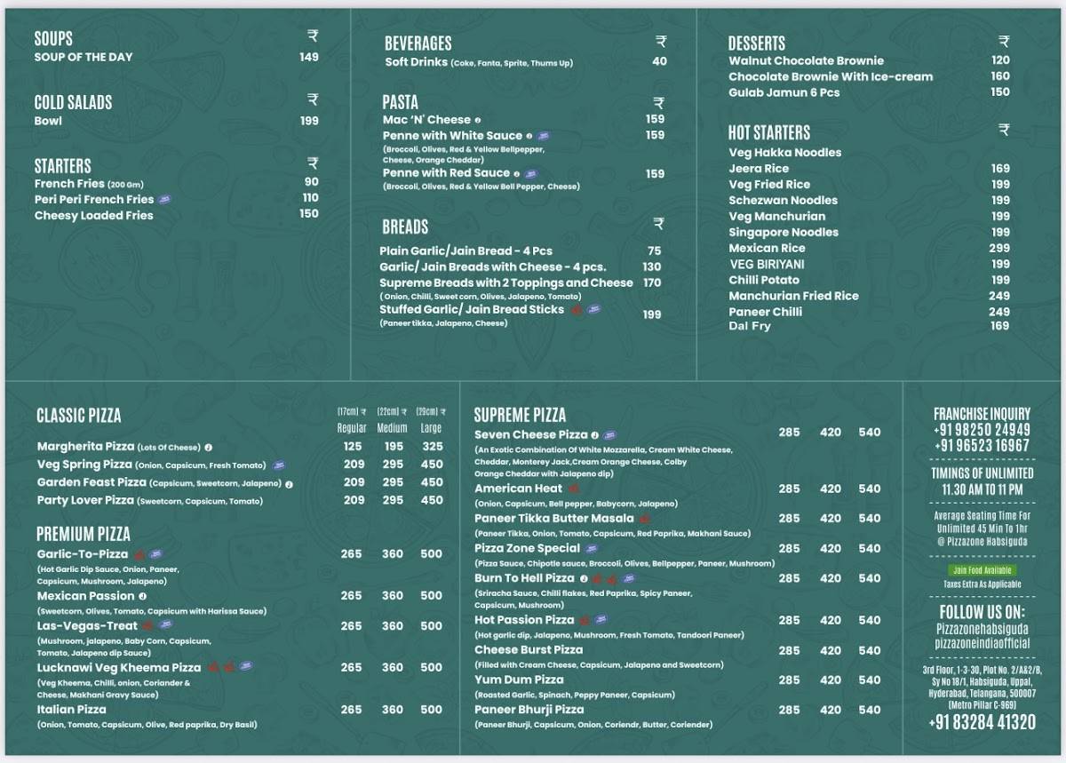 Pizza Zone Habsiguda menu