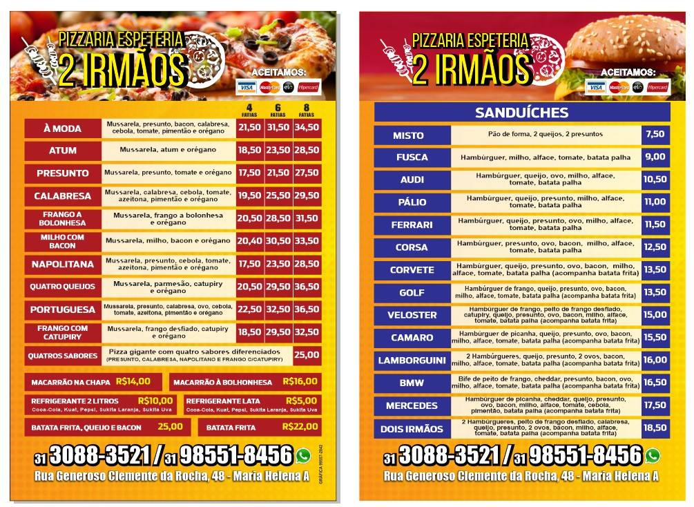 Pizzaria 2 Irmãos cardápio