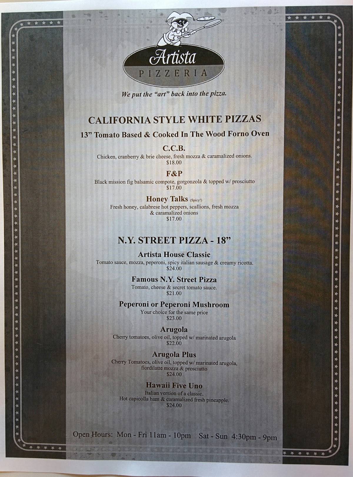 Menu at Artista Pizzeria, Pitt Meadows