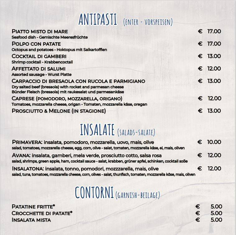 Menu di Pizzeria Avana 