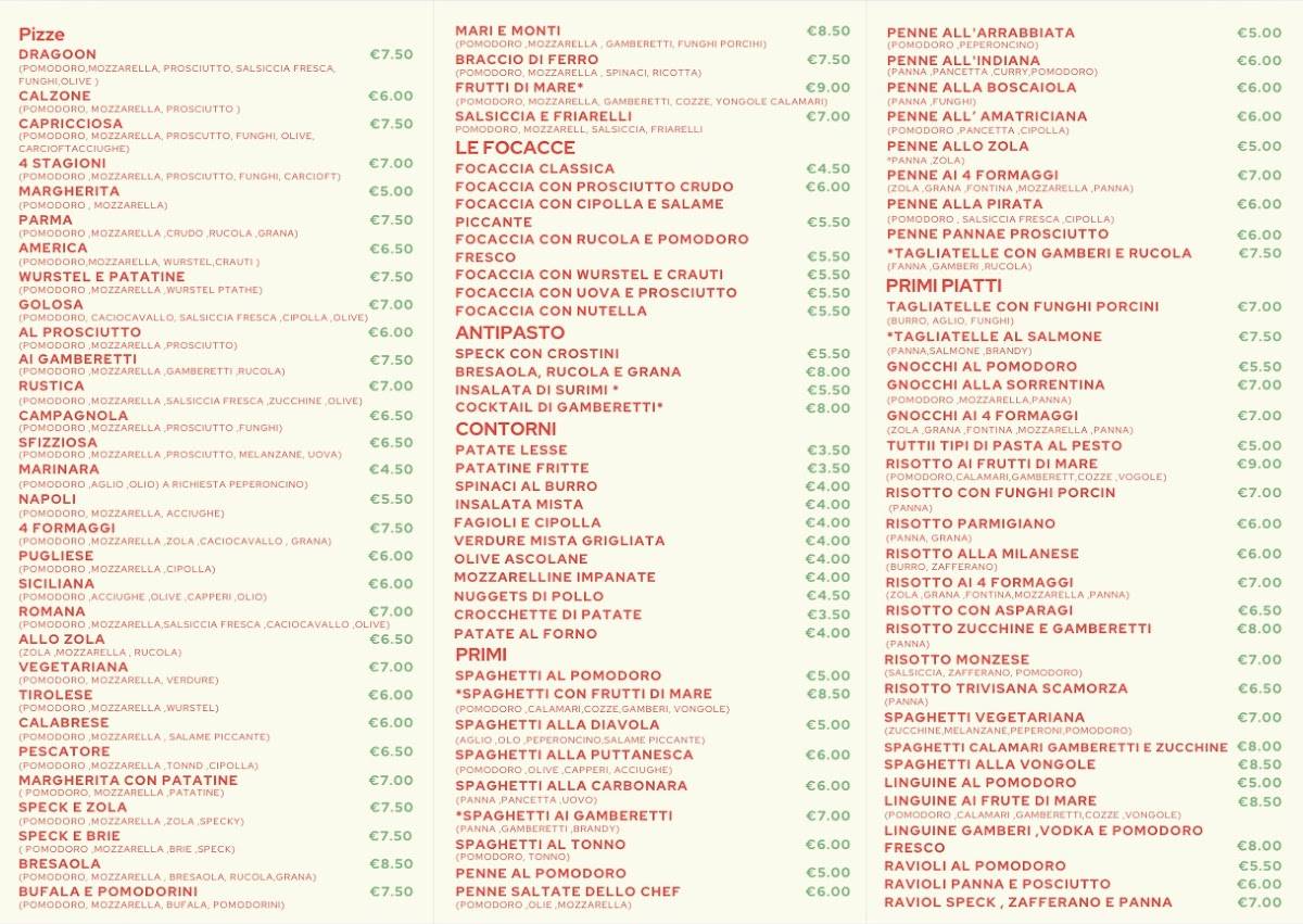 Menu di Pizzeria Dragoon 