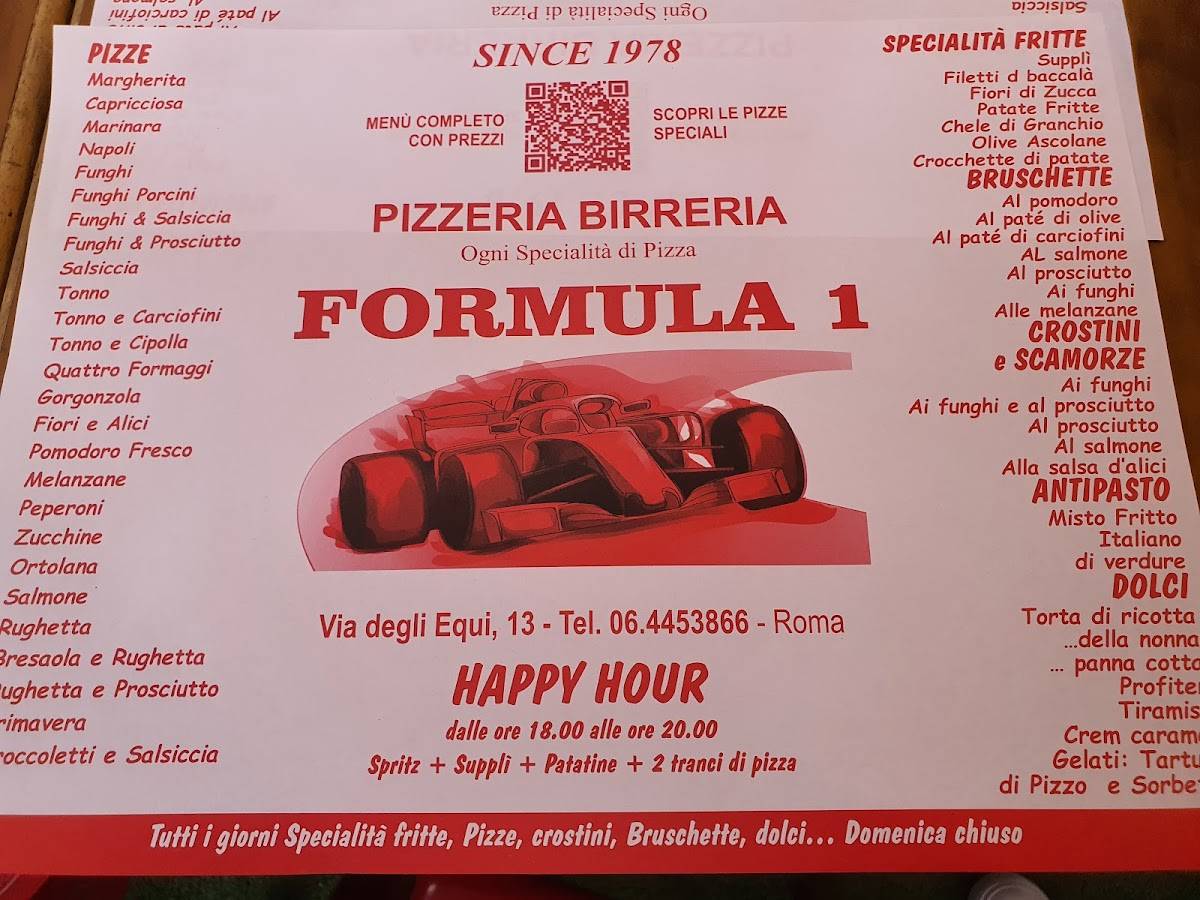 Menu di Pizzeria Formula 1 