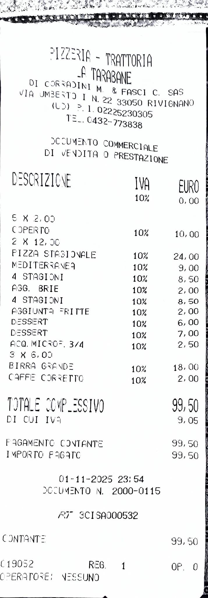 Menu di Pizzeria La Tarabane 
