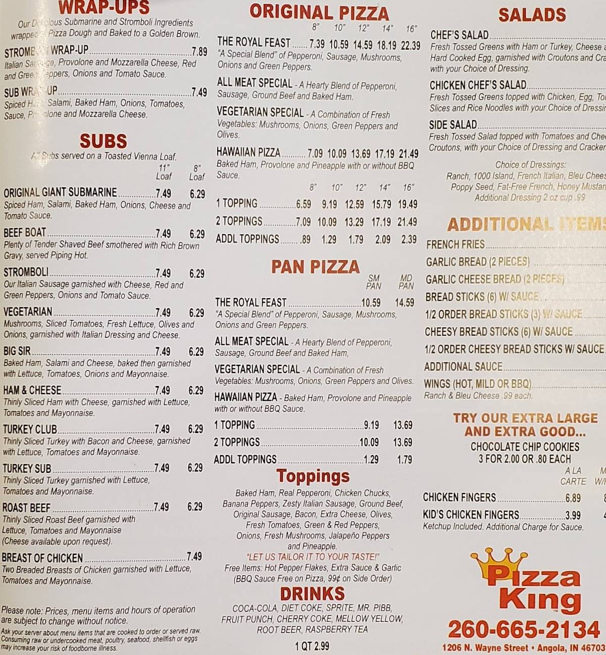 Menu at Pizza King pizzeria, Angola, N Wayne St