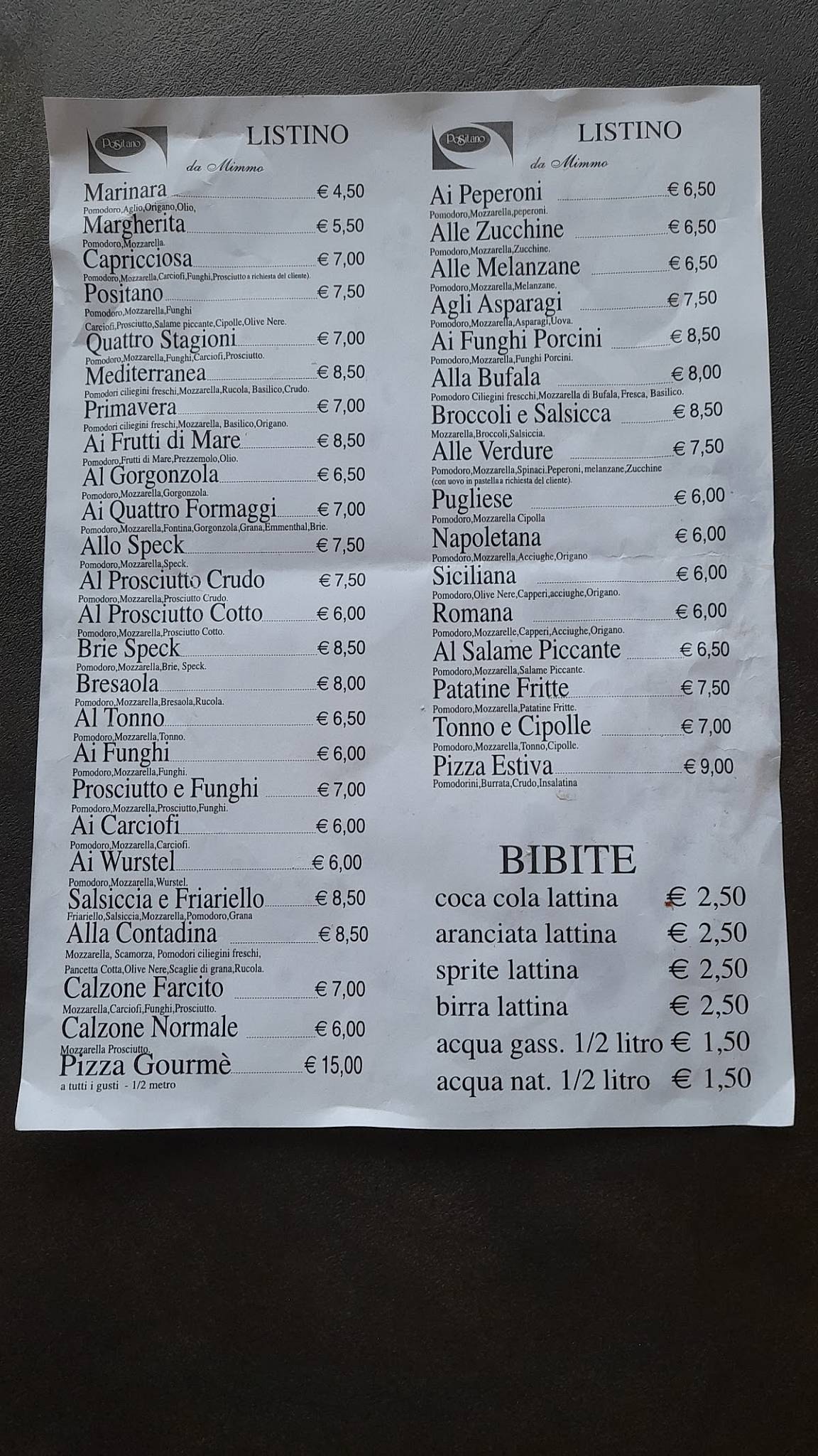 Menu di Pizzeria Positano 