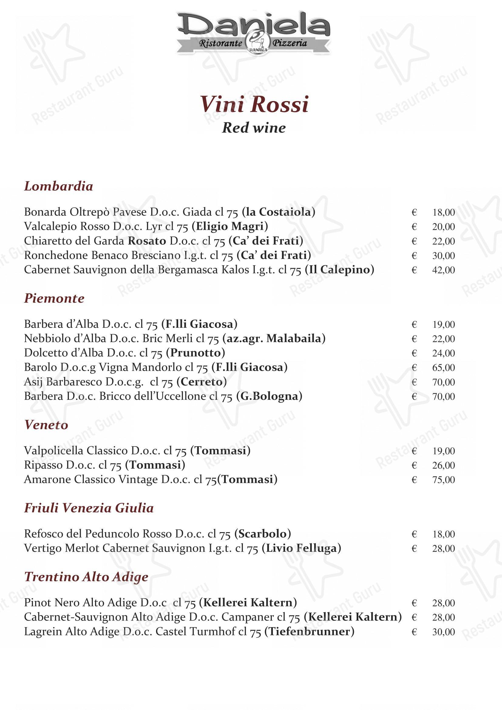 Menu di Ristorante Pizzeria Daniela - Menu bar