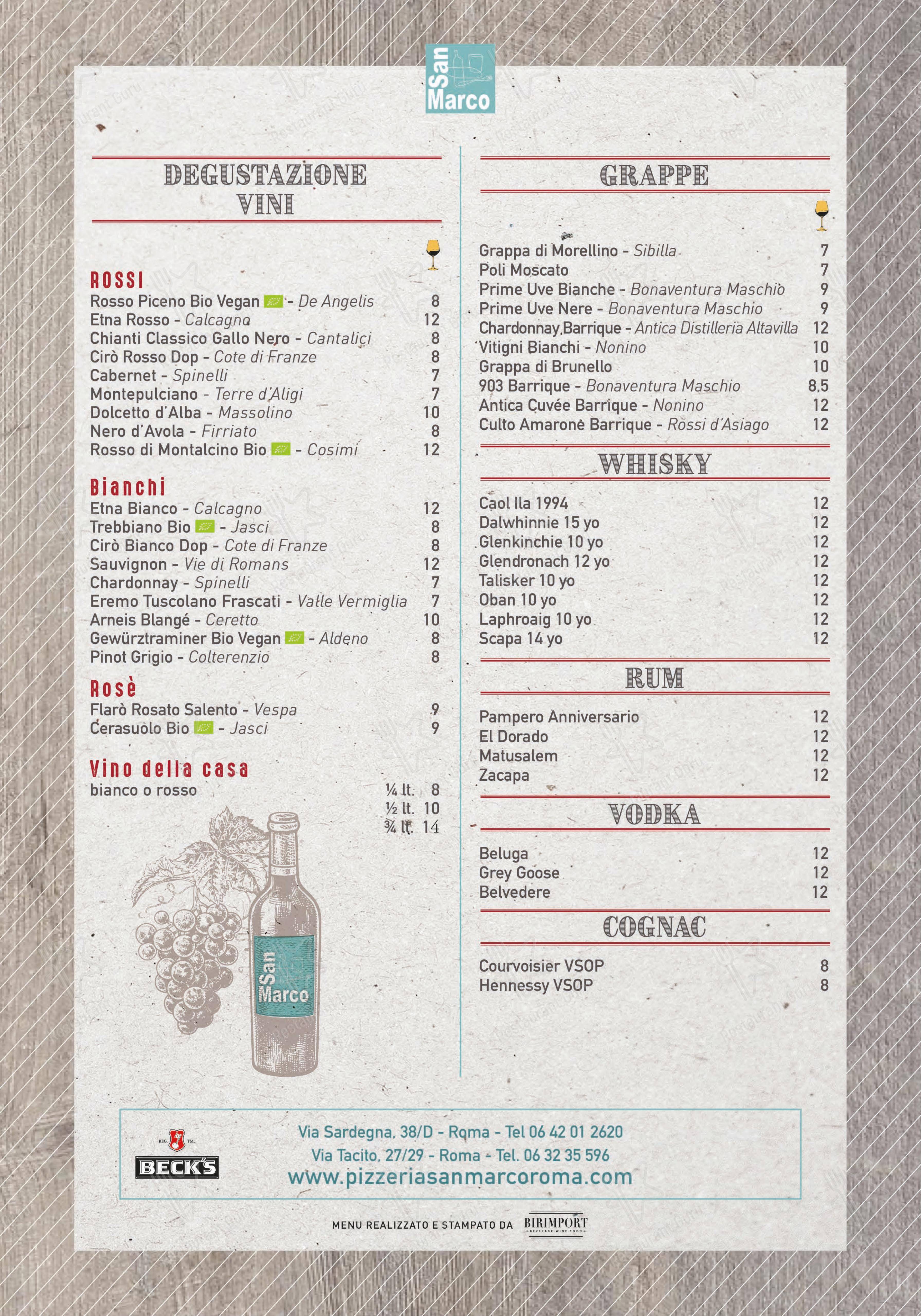 Menu bar per Pizzeria San Marco - Ristorante Via Tacito in Roma