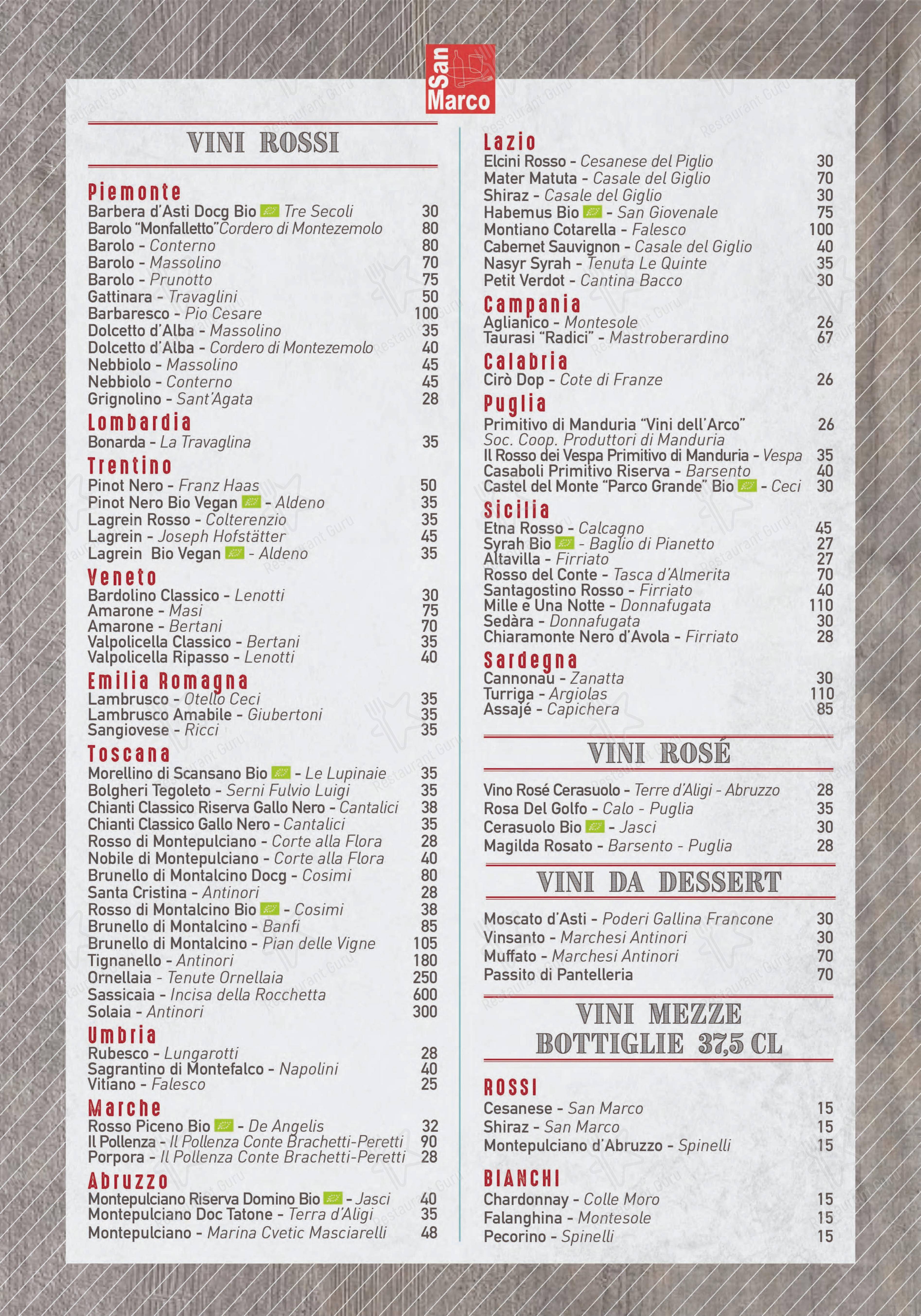 Menu di Pizzeria San Marco - Ristorante Via Tacito - Menu bar