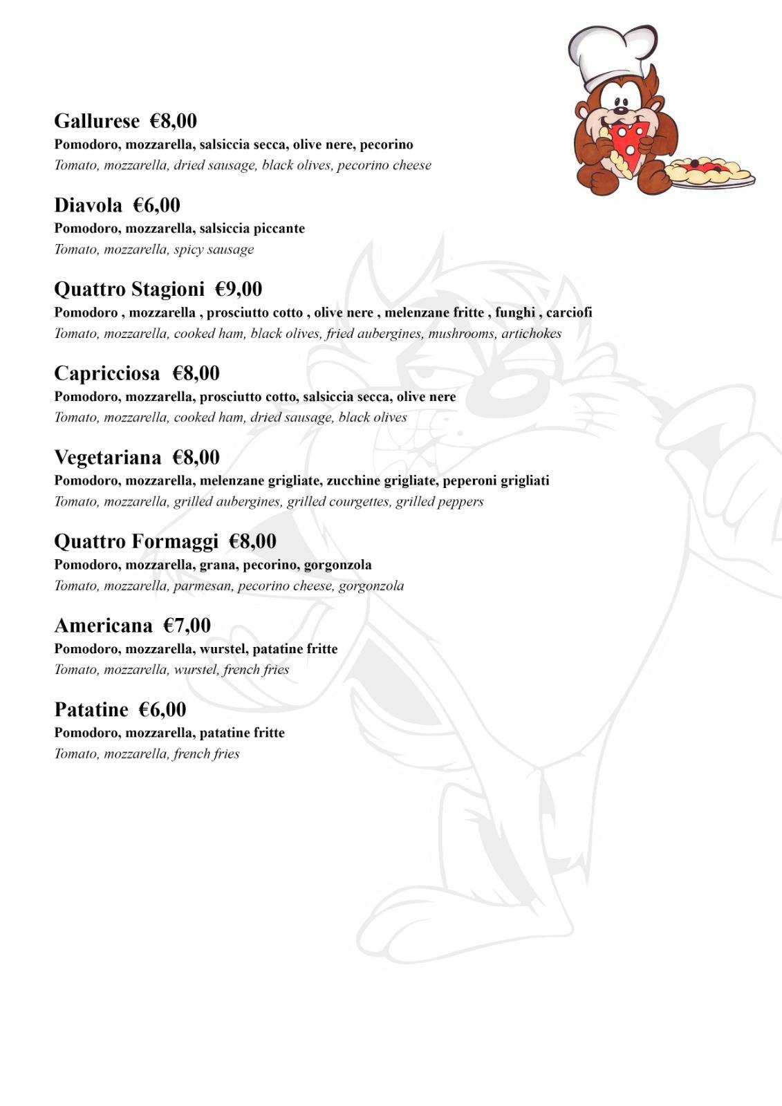 Menu di Pizzeria Taz 