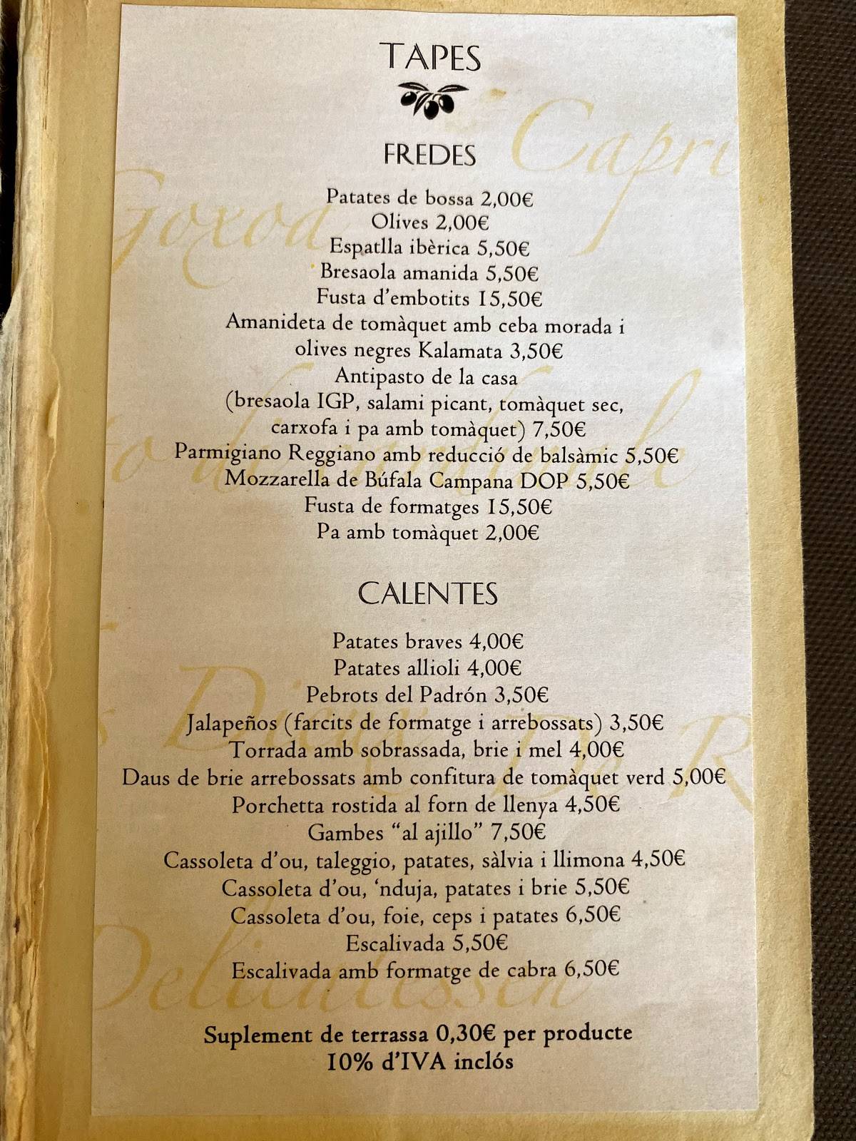 Menu at Teta de Monja pizzeria, Barcelona