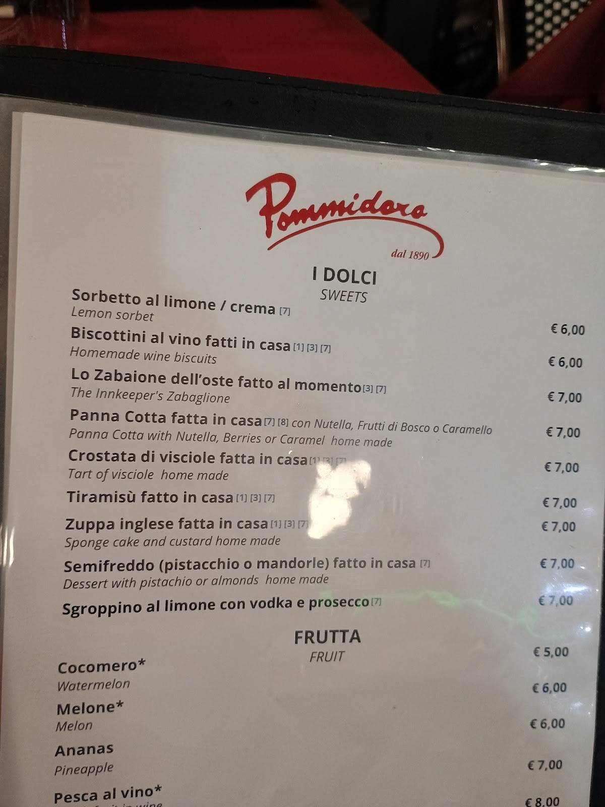 Menu di Pommidoro dal 1890 Ristorante 