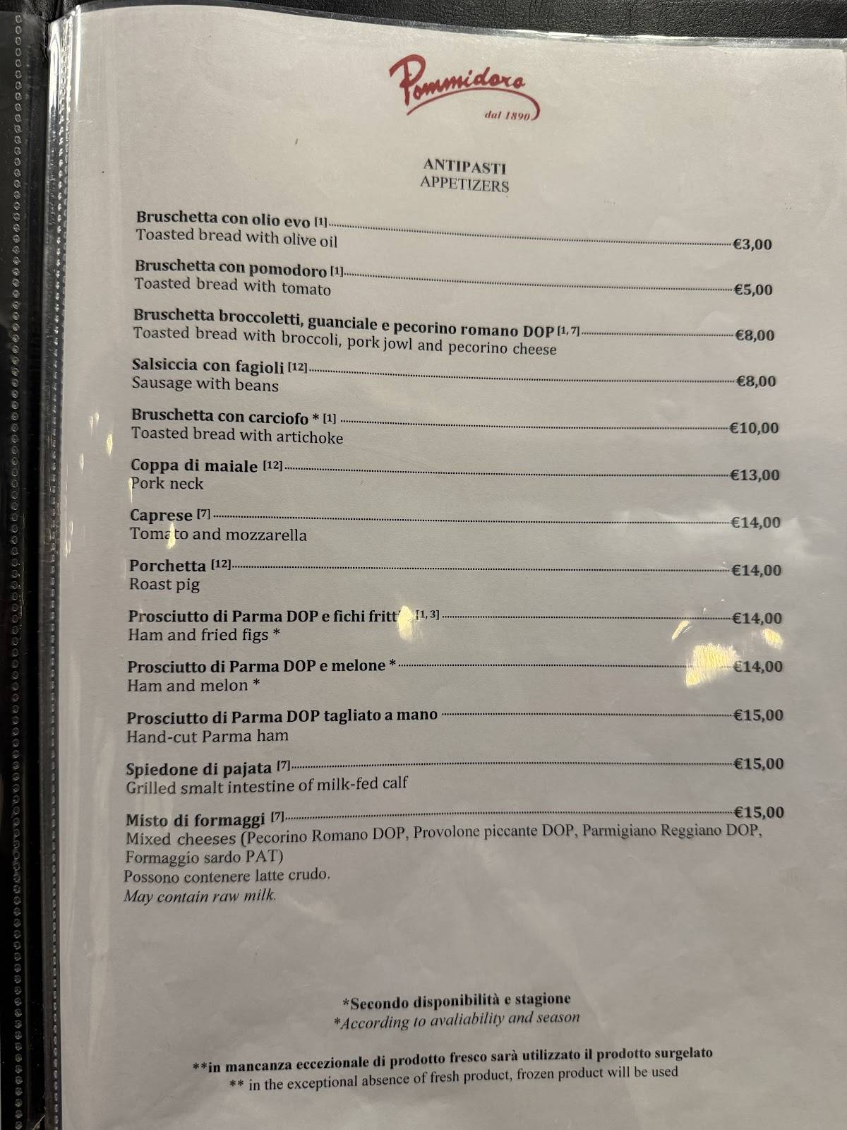 Menu di Pommidoro dal 1890 Ristorante 
