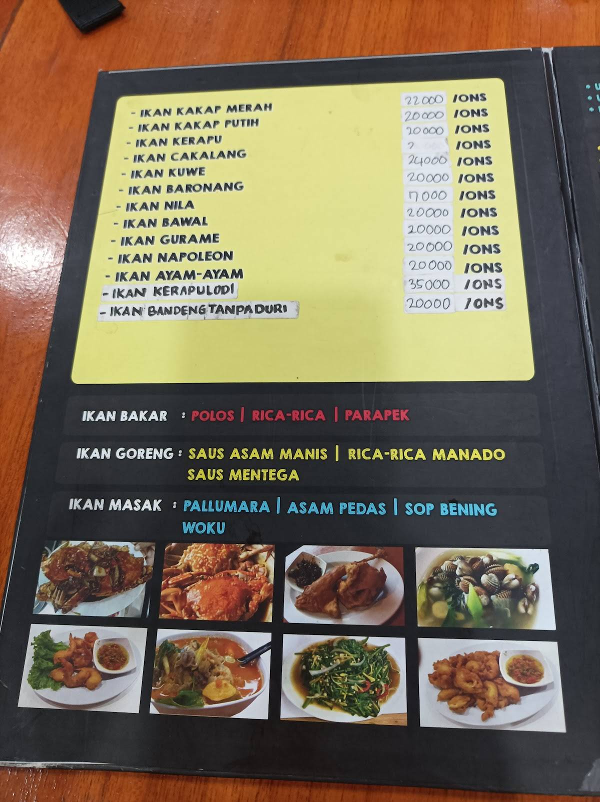 Menu at Pondok Ikan Bakar Khas Makassar restaurant, Sukahati