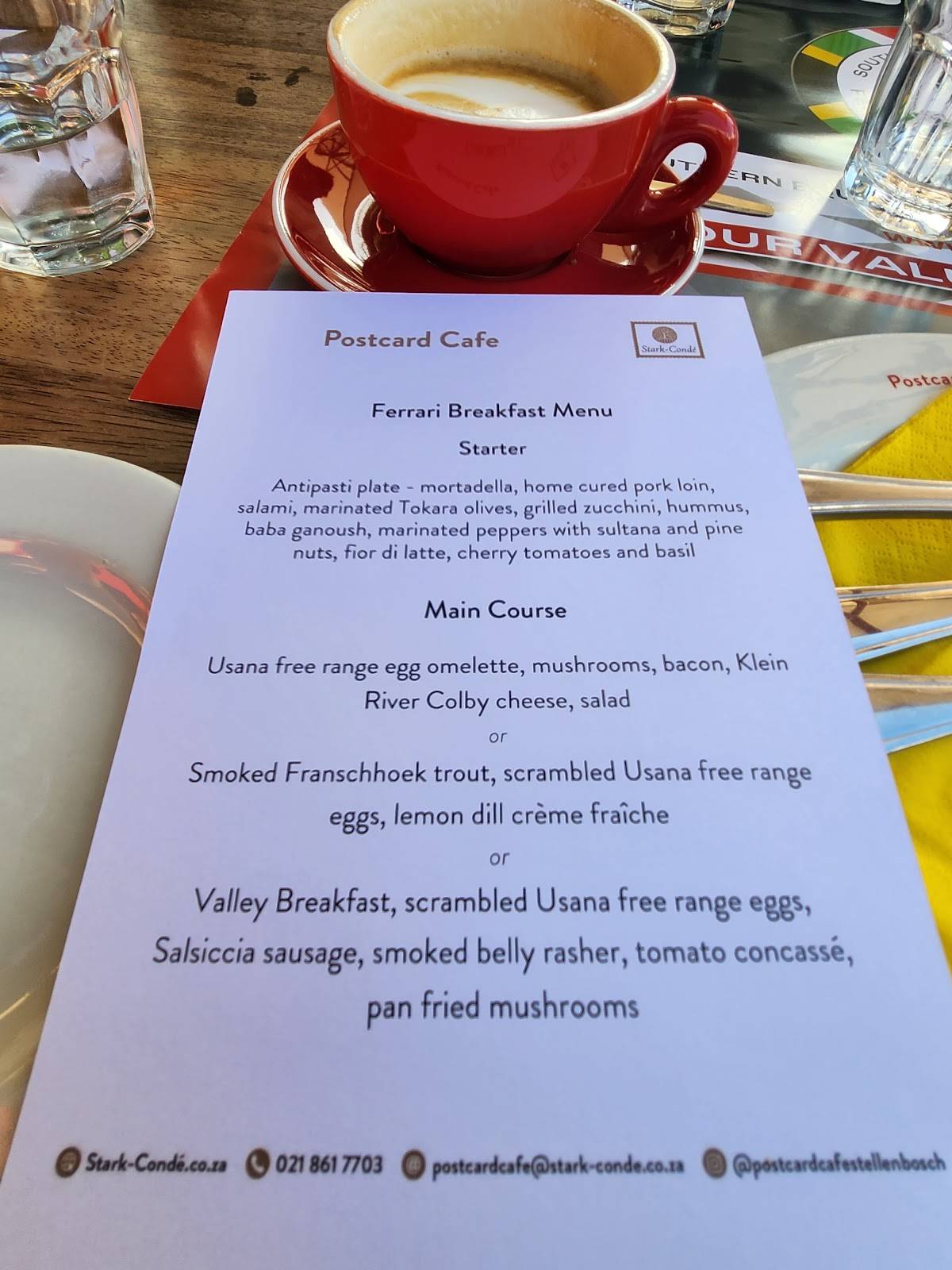 Menu at Postcard Café at StarkCondé Wines cafe, Stellenbosch