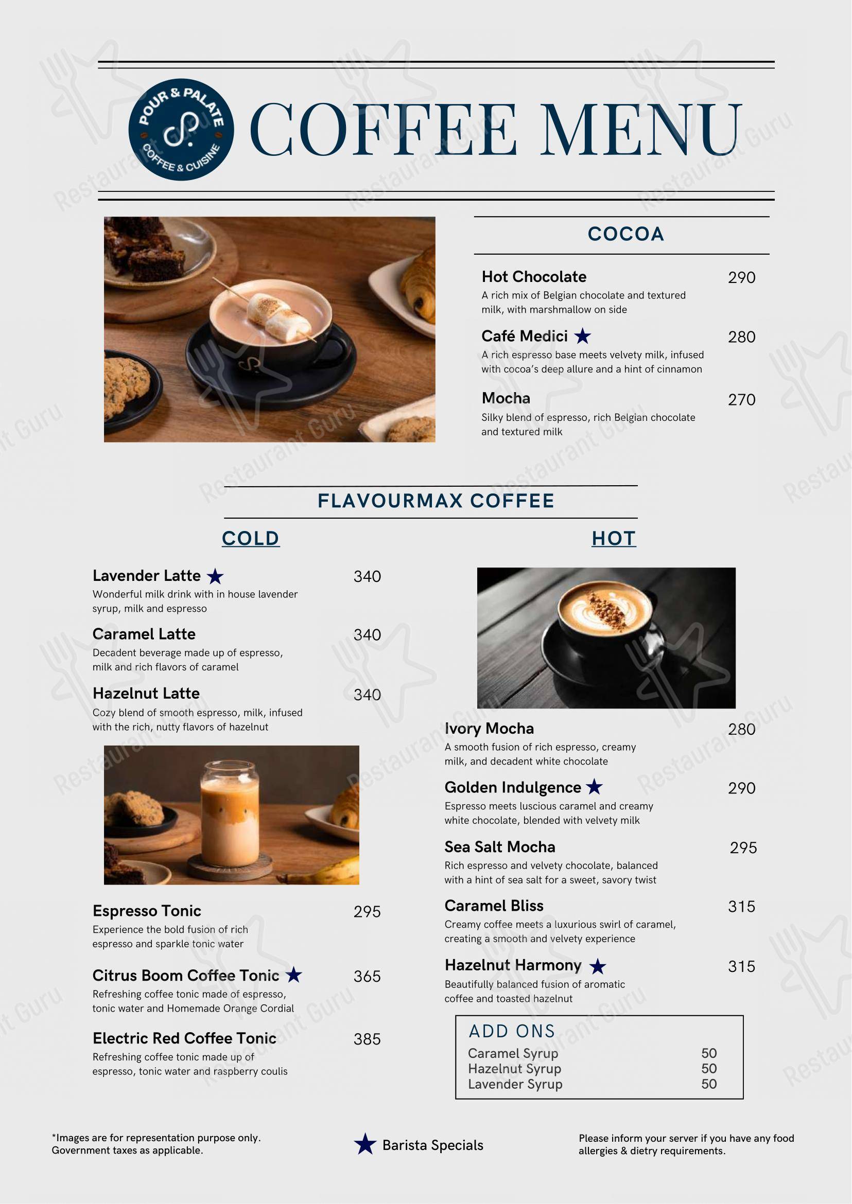 Menu for the Pour and Palate Coffee and Cuisine cafe