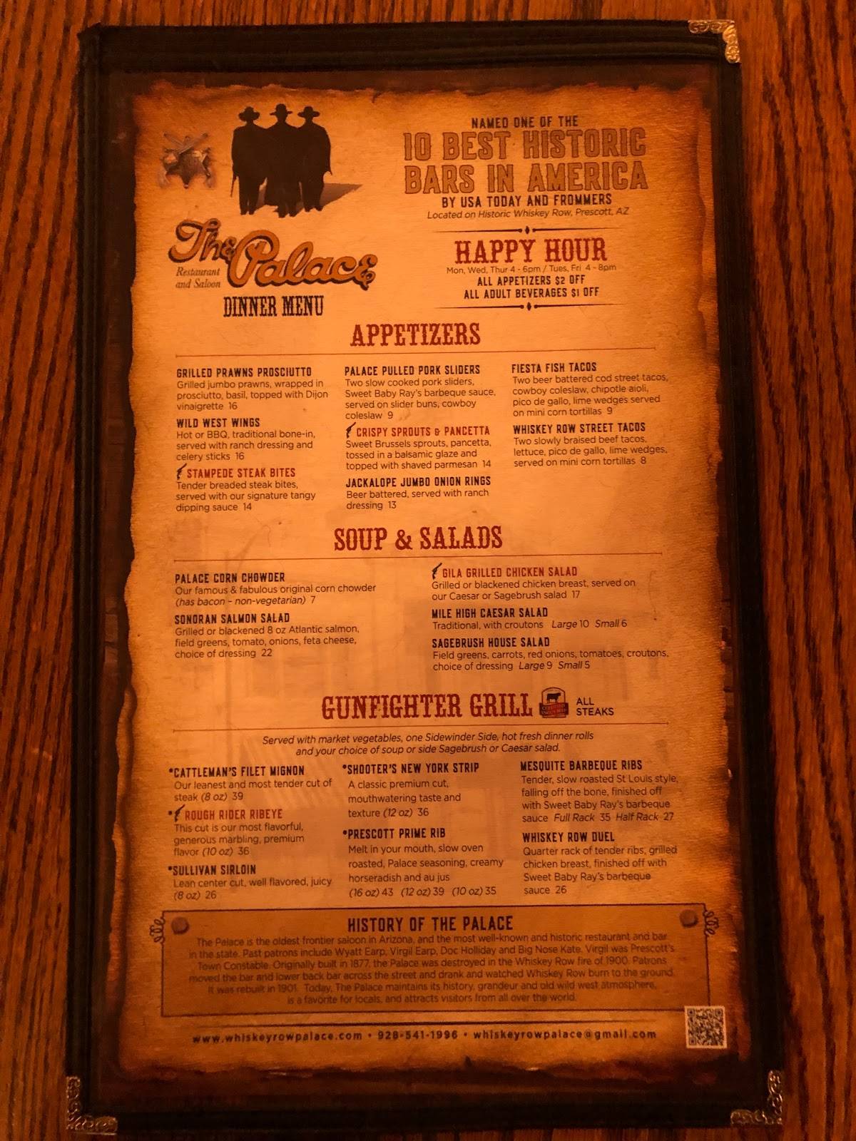 Menu at Palace Restaurant & Saloon, Prescott, 120 S Montezuma St