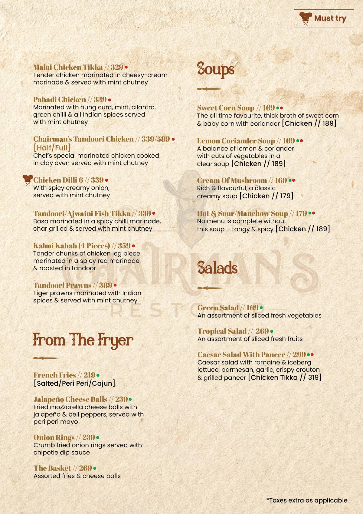 Chairman's Restobar menu